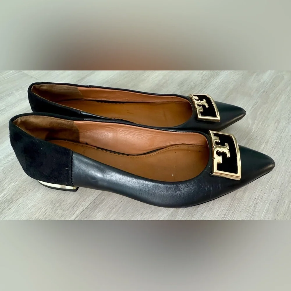 TORY BURCH Suede-trimmed Embellished Leather Point-toe Flats In Perfect Black 7